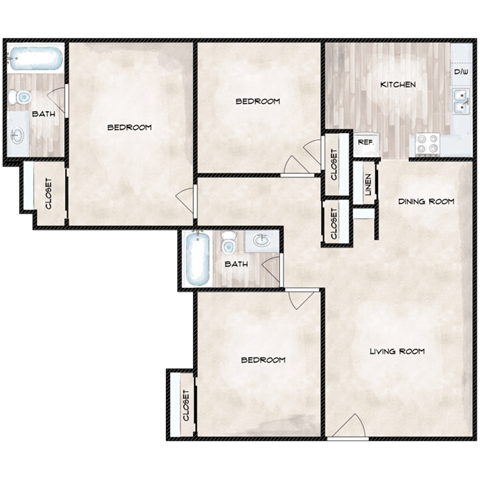 Floor plan for 3 beds, 2 baths, 1027 sqft